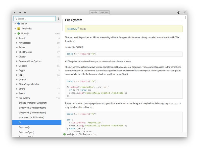 quickDocs supports both Valadoc and DevDocs