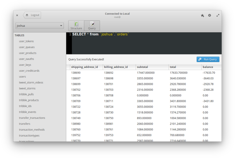 The main UI for Sequeler, showing your table’s structure and query results
