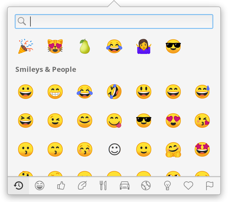 New emoji entry including recently-used, categories, and search