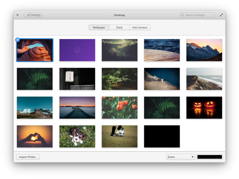 New Wallpaper settings, with both stock and user-imported wallpapers