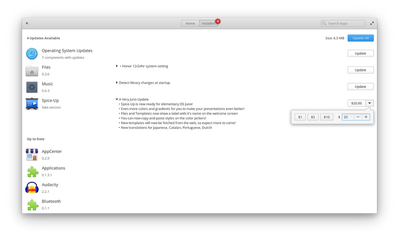 Payment support for updates on the Installed page