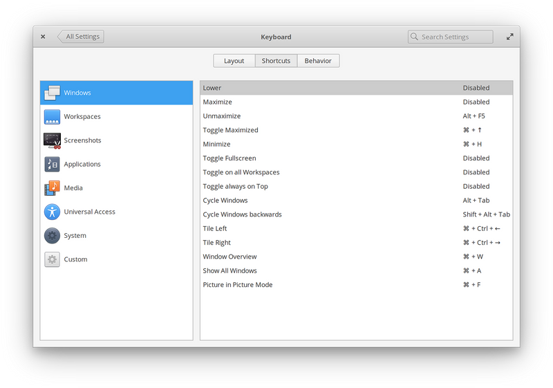 Keyboard shortcut settings