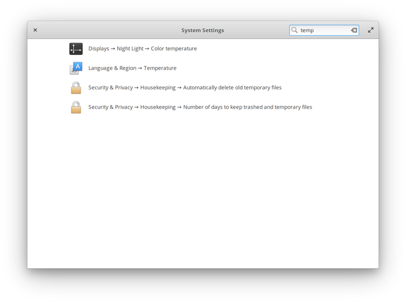 Screenshot of System Settings search