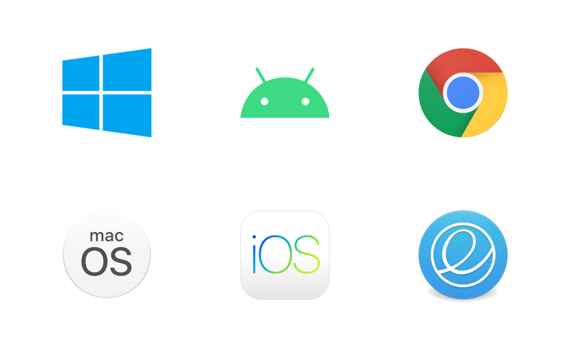 Logos of Windows, Android, Chrome OS, macOS, iOS, and elementary OS